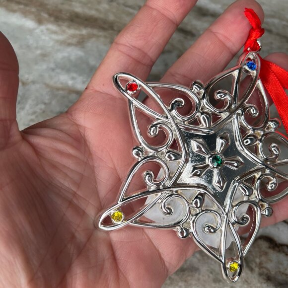 Lenox Sparkle & Scroll 4” Snowflake Ornament Multicolored Gems Silver-plate - Picture 4 of 6